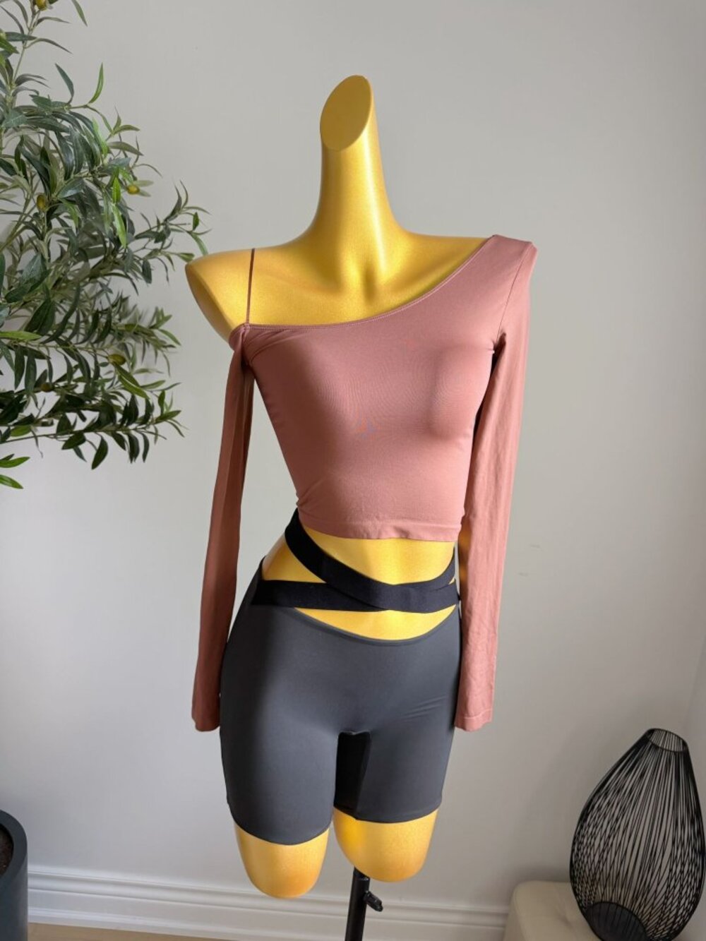 Light Brown One Shoulder Asymmetrical Crop Top XS Stretchy Activewear